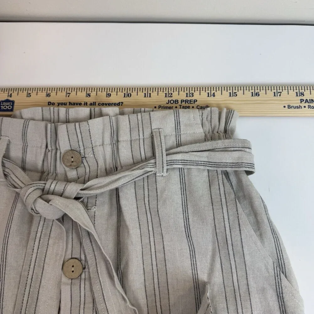 Daytrip Mini Skirt Cream Stripe Linen Blend Button Front Tie Waist Pockets Sz M